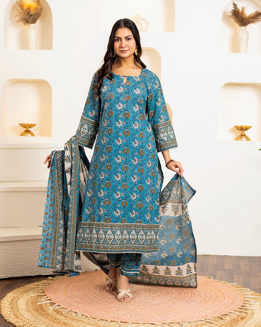 Gul Noor Sky Blue Block Printed Cotton Suit Set
