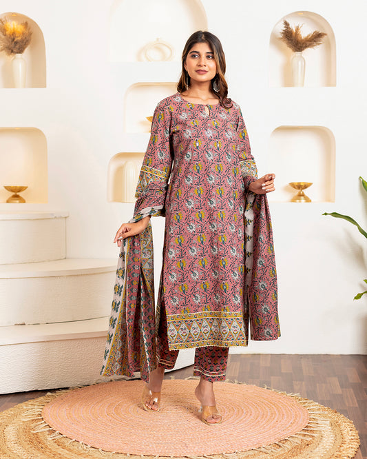 Gul Noor Dusty Pink Block Printed Cotton Suit Set