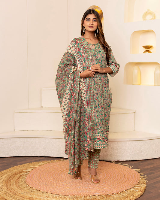 Phool Noor Beige Green Floral Printed Cotton Suit Set
