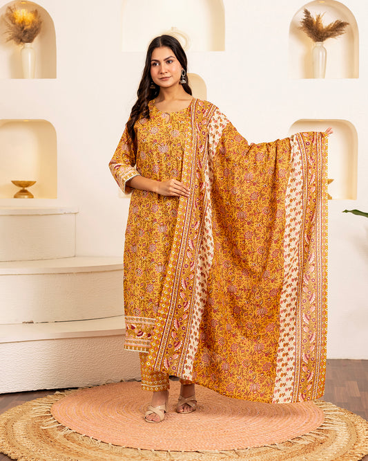 Phool Noor Mustard Yellow Floral Printed Cotton Suit Set