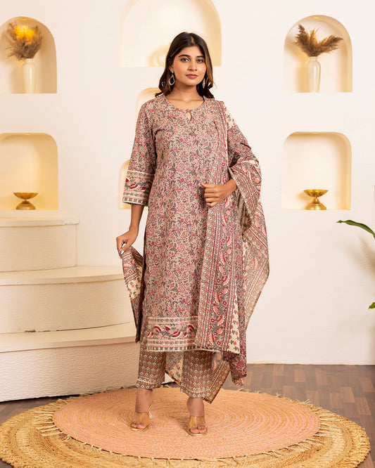 Phool Noor Printed Rose Taupe Suit Set