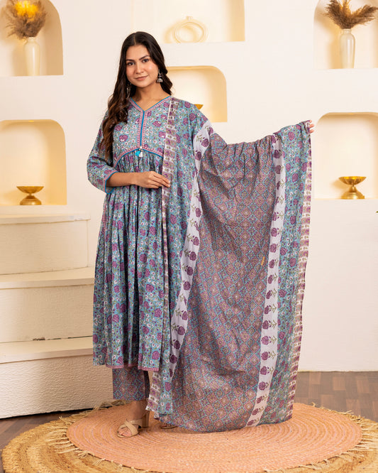 Tara Noor Printed Lilac Blue Anarkali Suit Set