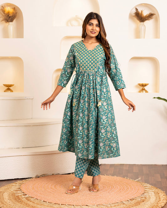 Gulab Noor Printed Anarkali Cotton Suit Set