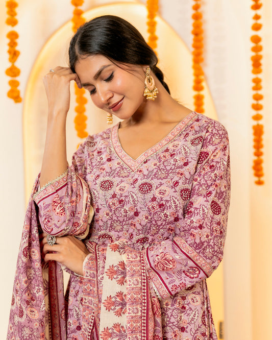Jahan Noor Pink Floral Anarkali Cotton Suit Set