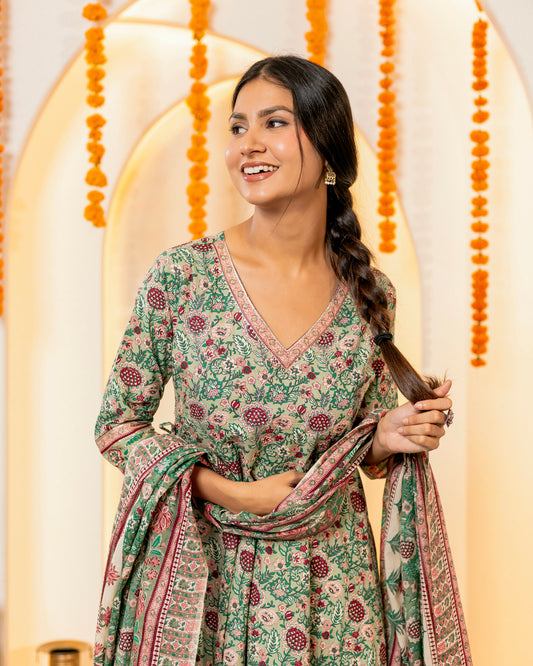 Jahan Noor Green Handprinted Anarkali Suit Set