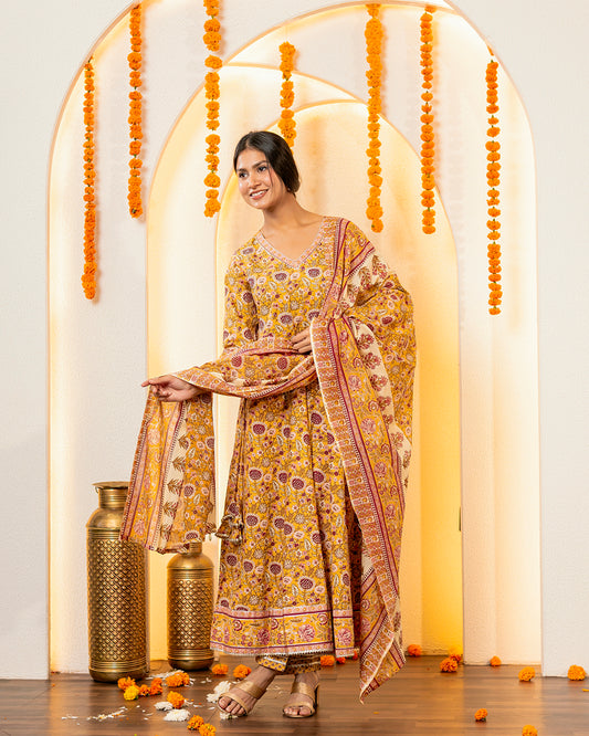 Jahan Noor Mustard Yellow Anarkali Cotton Suit Set