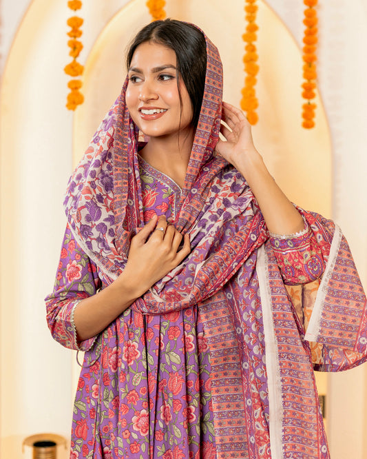 Chand Noor Purple Handprinted Anarkali Suit Set