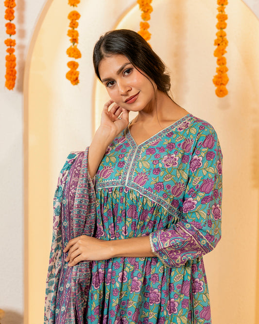 Chand Noor Blue-Green Anarkali Suit Set