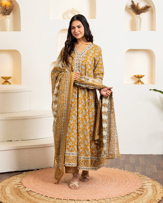 Noor Jahan Mustard Gold Printed Anarkali Suit Set