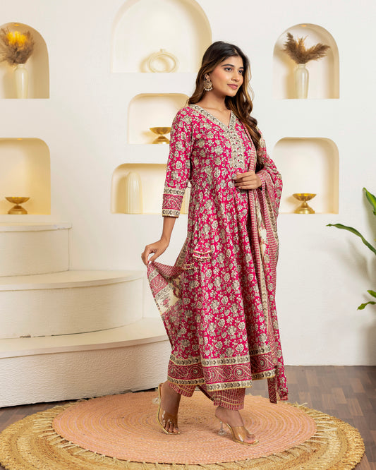 Noor Jahan Cherry Tint Handprinted Anarkali Suit Set