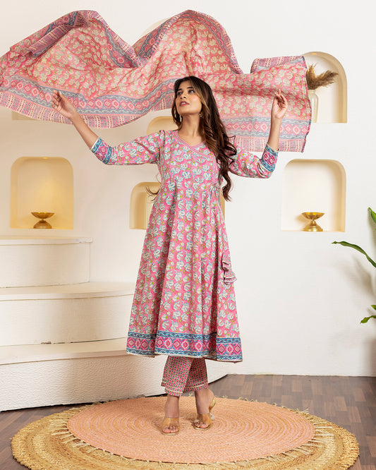 Kohi Noor Pink Floral Anarkali Cotton Suit Set