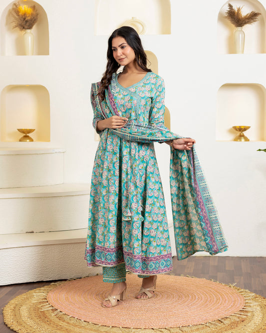 Kohi Noor Handprinted Blue-Green Suit Set