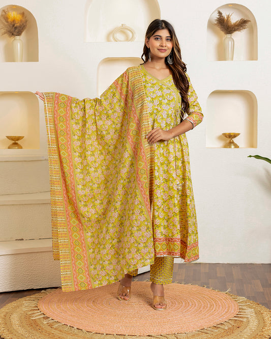 Kohi Noor Handprinted Yellow-Green Suit Set