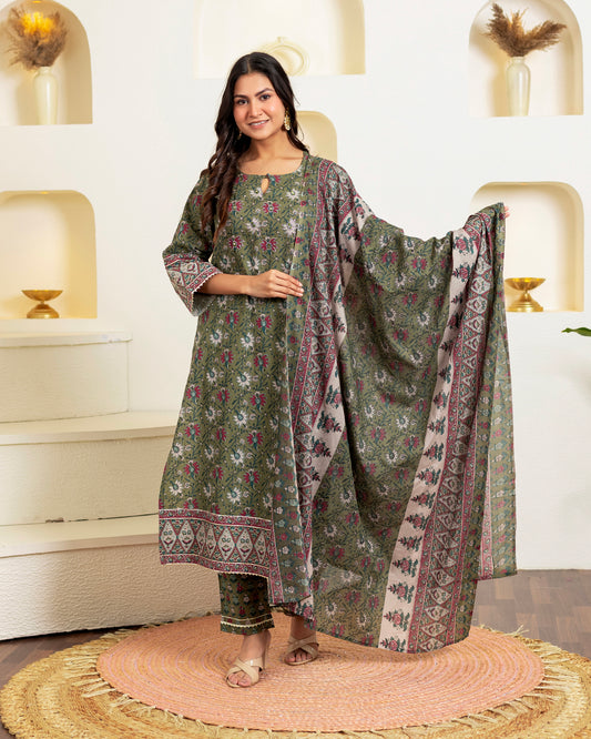 Gul Noor Olive Green Floral Print Cotton Suit Set
