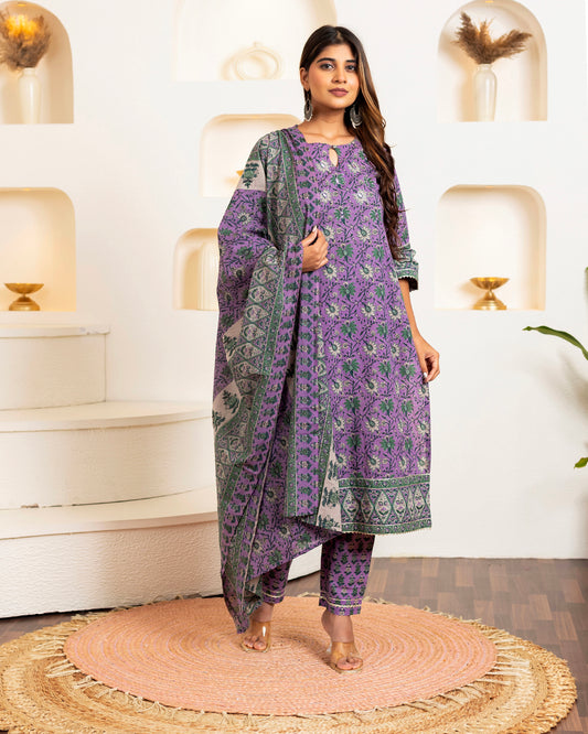 Gul Noor Elegant Purple Floral Cotton Suit Set