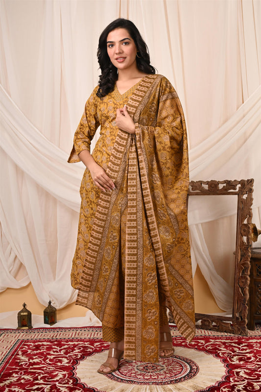 Kalpana Chhavi Mustard Yellow Printed Cotton Suit Set