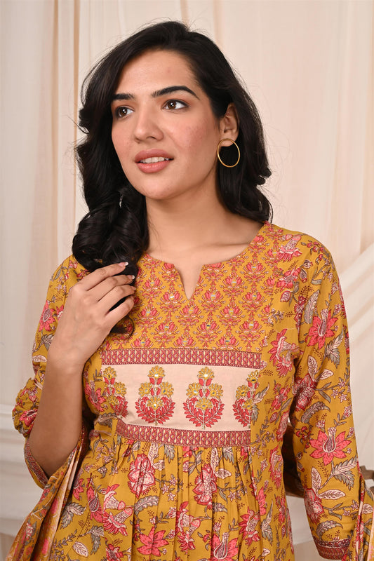 Kalpana Chamak Mustard Handprinted Suit Set