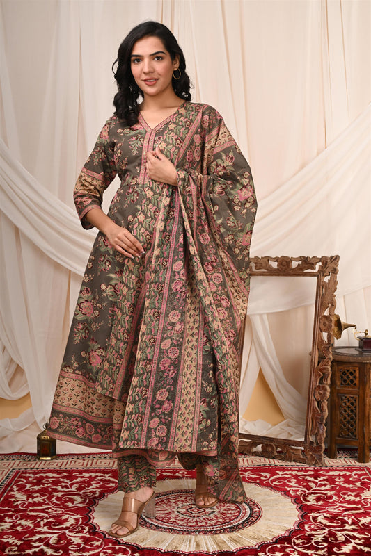 Kalpana Sanskriti Olive Green Printed Cotton Suit Set