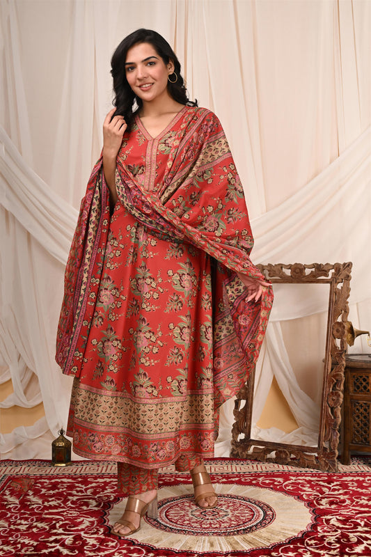 Kalpana Sanskriti Gulab Red Handprinted Cotton Suit Set