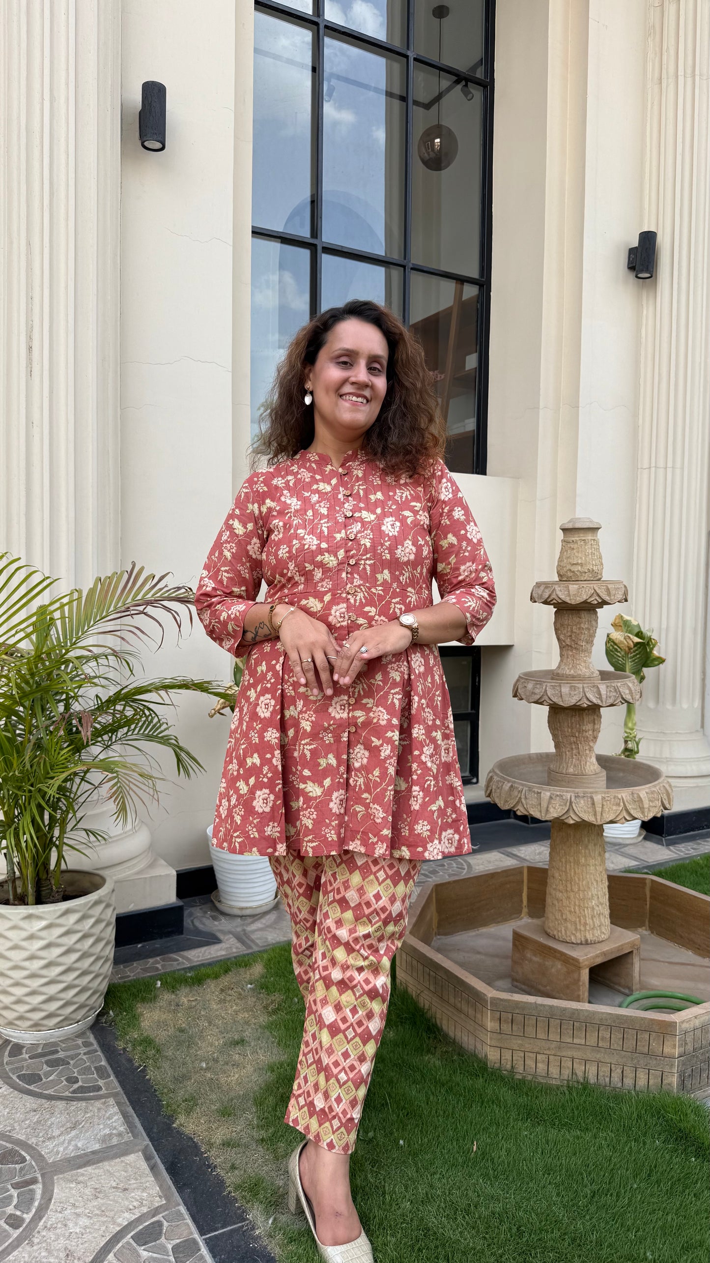 Arohi - an elegant soft red floral co-ord set